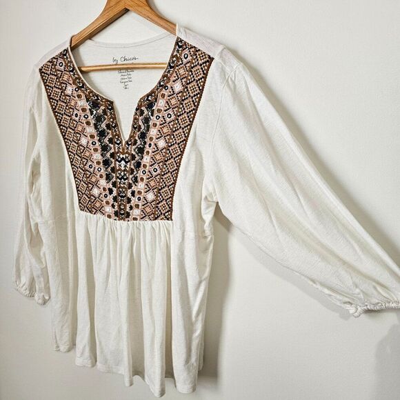 EUC CHICO'S LINEN BLEND EMBELLISHED SPLIT V SCOOP NECK BOHO TOP SIZE 2 WMNS L - Picture 1 of 13